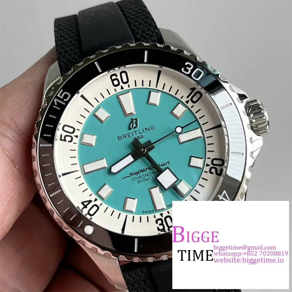 Breitling 44Mm Superocean Ceramic Tiffany Blue Dial Black Rubber Strap Tf A2824