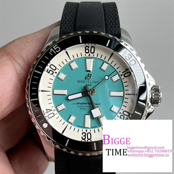 Breitling 44Mm Superocean Ceramic Tiffany Blue Dial Black Rubber Strap Tf A2824 Option1