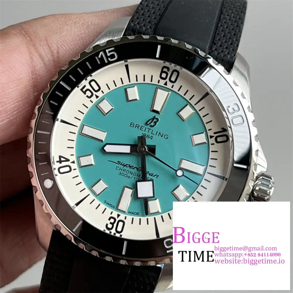 Breitling 44Mm Superocean Ceramic Tiffany Blue Dial Black Rubber Strap Tf A2824