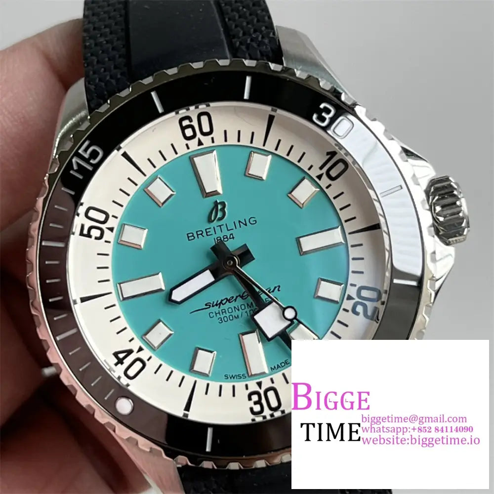 Breitling 44Mm Superocean Ceramic Tiffany Blue Dial Black Rubber Strap Tf A2824