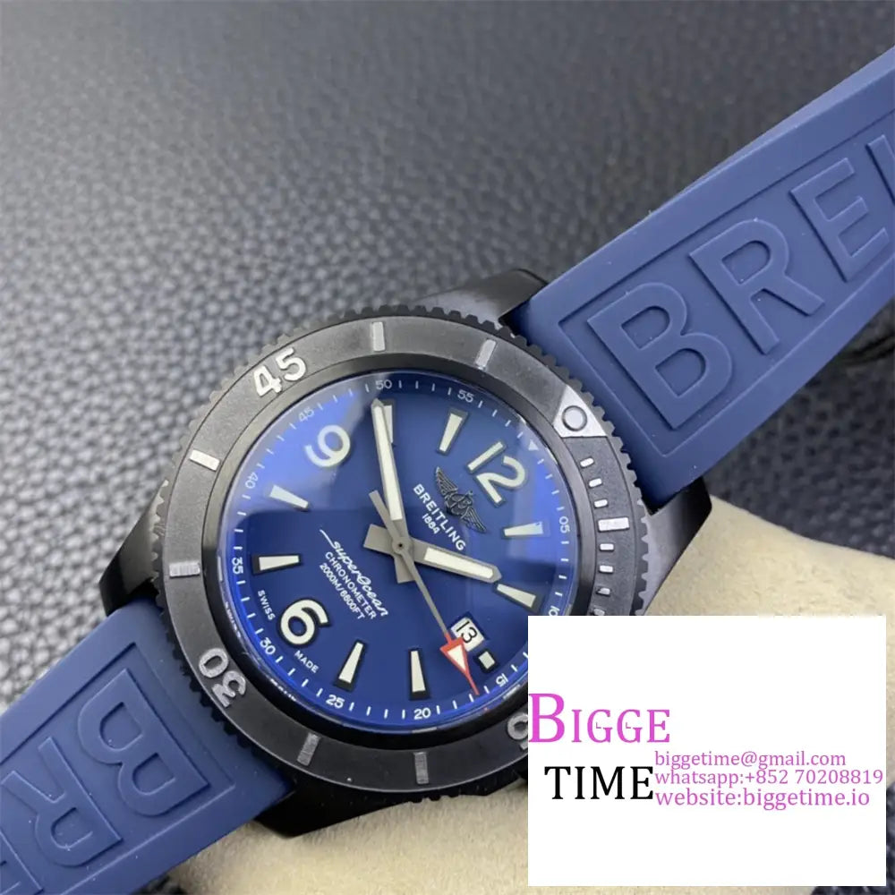 Breitling Black Steel 46Mm Superocean Blue Dial Rubber Strap Tf A2824