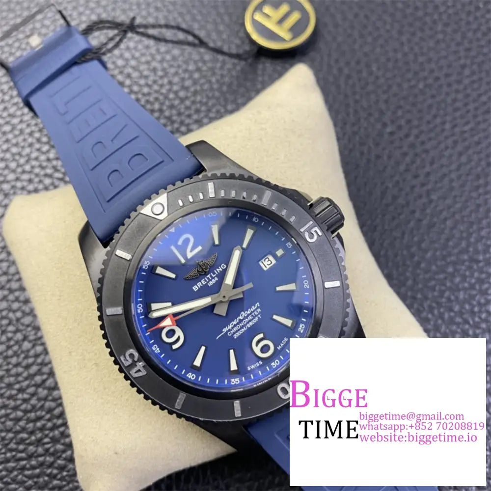 Breitling Black Steel 46Mm Superocean Blue Dial Rubber Strap Tf A2824