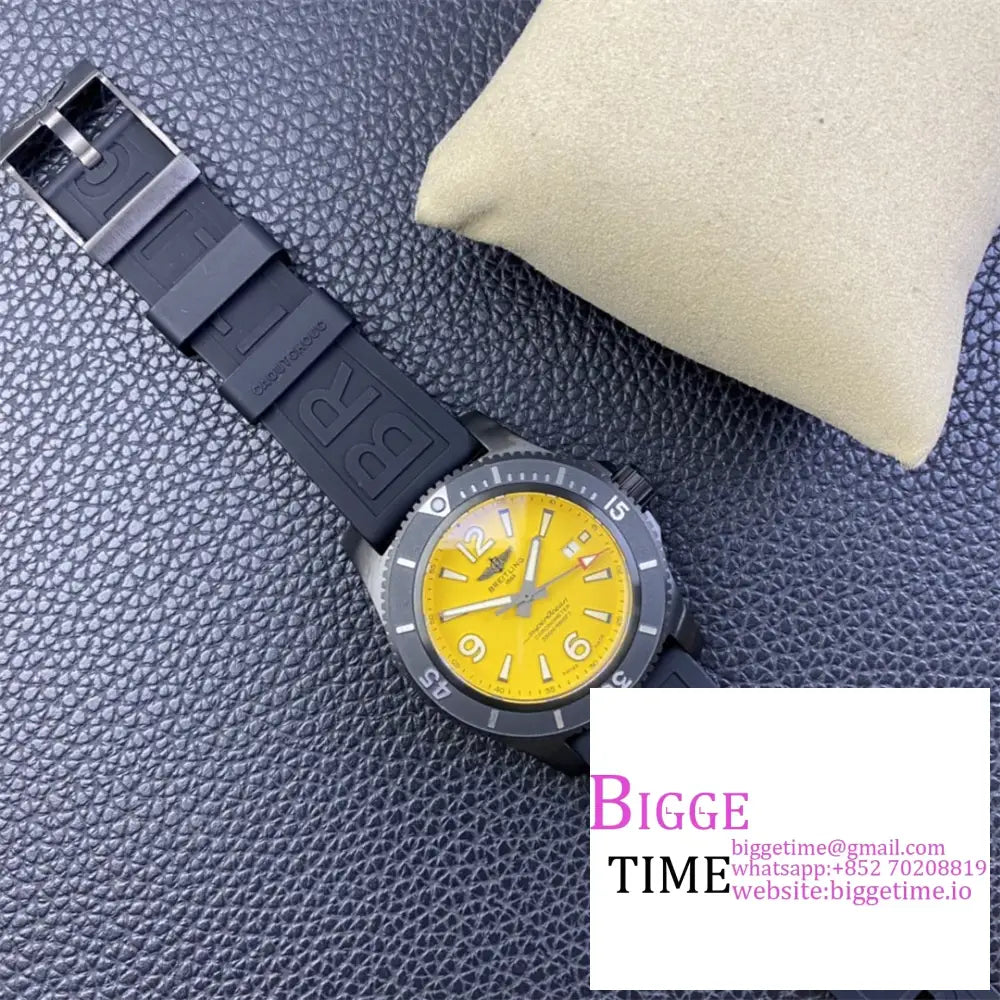 Breitling Black Steel 46Mm Superocean Yellow Dial Rubber Strap Tf A2824