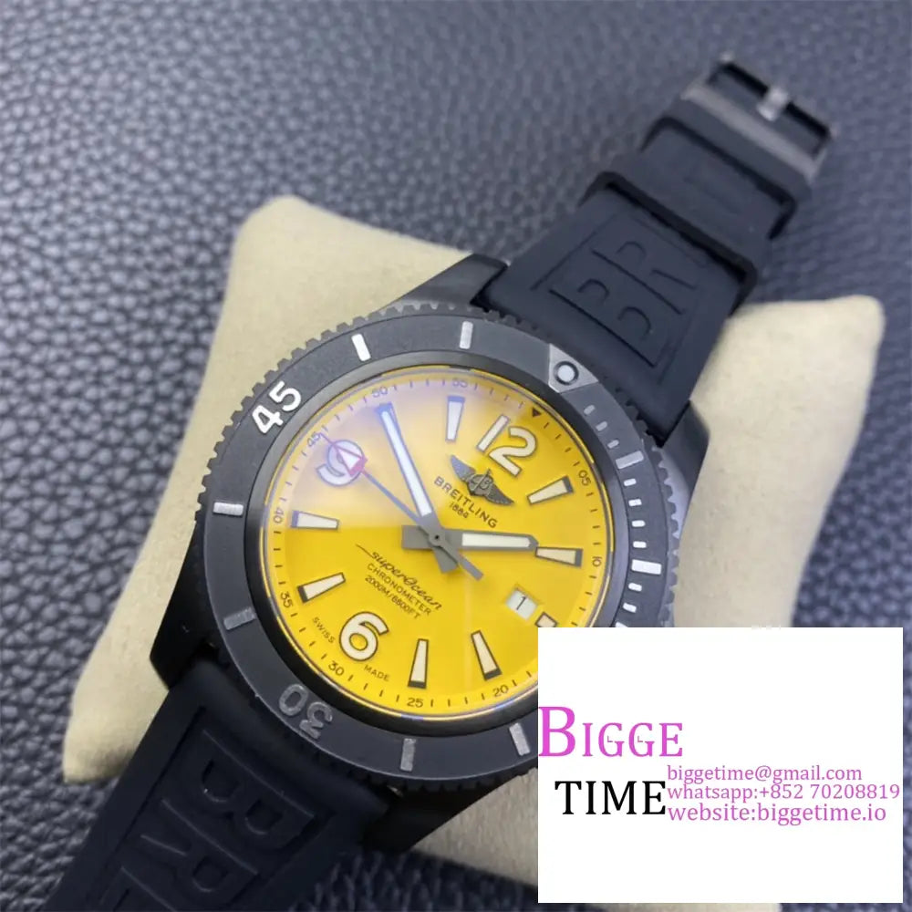 Breitling Black Steel 46Mm Superocean Yellow Dial Rubber Strap Tf A2824