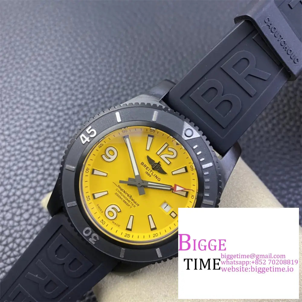 Breitling Black Steel 46Mm Superocean Yellow Dial Rubber Strap Tf A2824