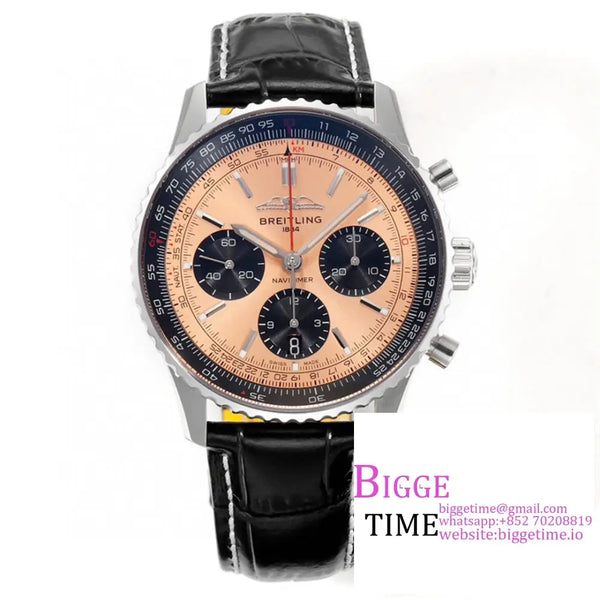 Breitling Chrono 43Mm Navitimer B01 Champagne/Black Dial Black Leather Strap Blsf A7750 Option1