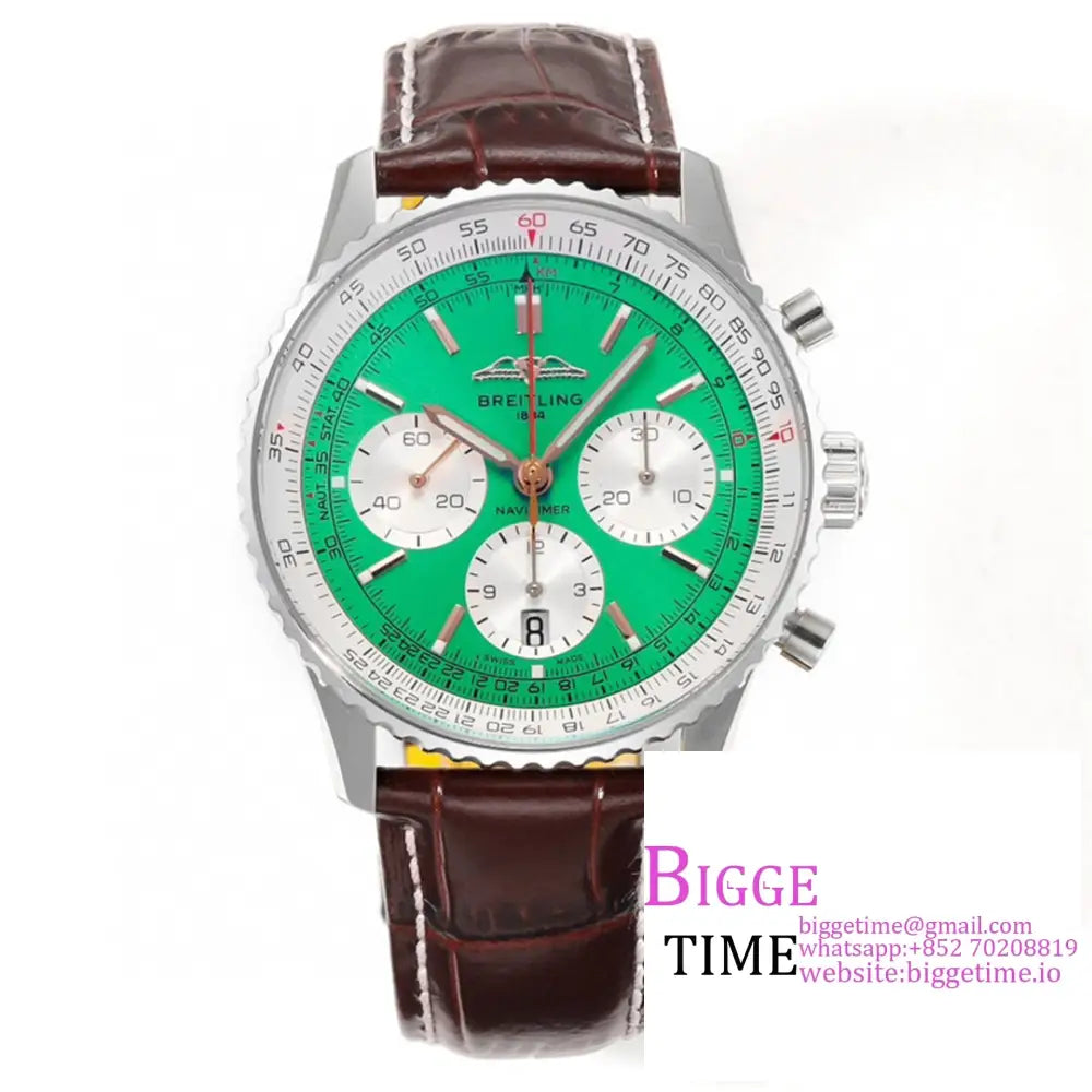 Breitling Chrono 43Mm Navitimer B01 Green/White Dial Brown Leather Strap Blsf A7750 Option1