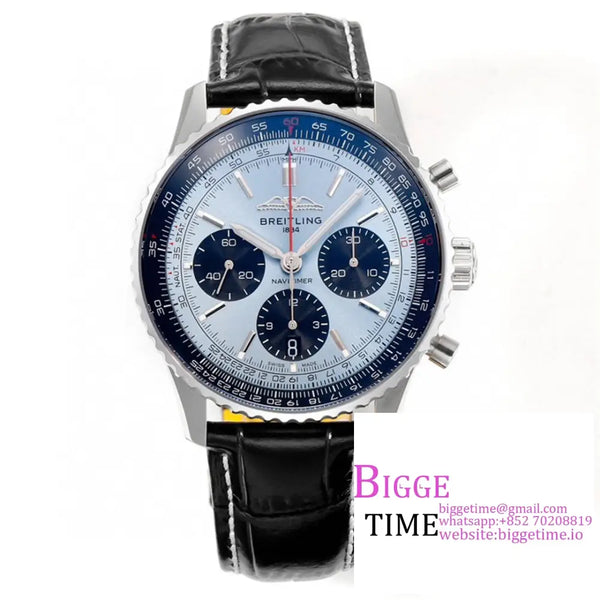 Breitling Chrono 43Mm Navitimer B01 Ice Blue/Black Dial Black Leather Strap Blsf A7750 Option1