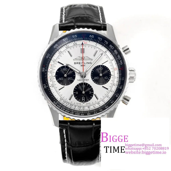 Breitling Chrono 43Mm Navitimer B01 White/Black Dial Black Leather Strap Blsf A7750 Option1