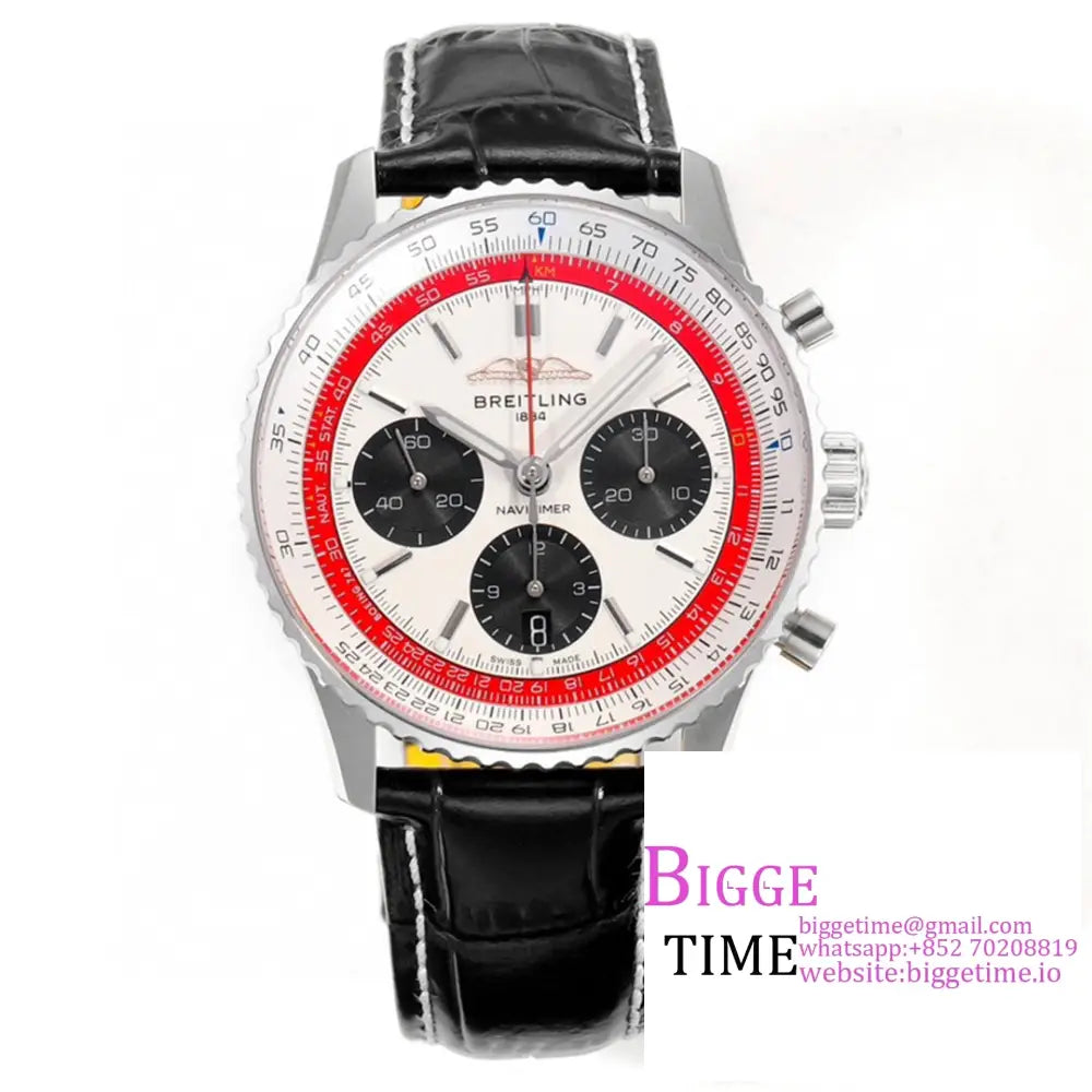 Breitling Chrono 43Mm Navitimer B01 White/Black Dial Black Leather Strap Blsf A7750 Option1