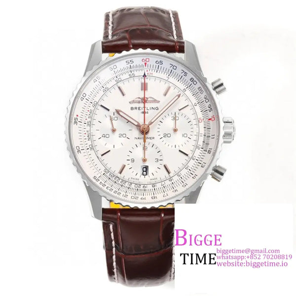 Breitling Chrono 43Mm Navitimer B01 White Dial Brown Leather Strap Blsf A7750 Option1