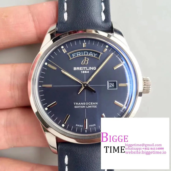 Breitling 43Mm Transocean Day & Date Blue Dial Leather Strap V7F A45Sc Option1