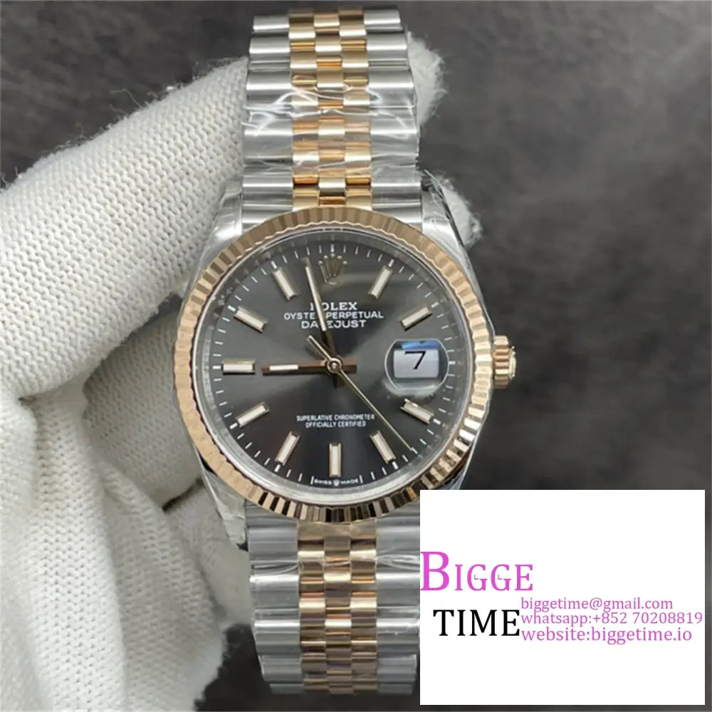 Datejust 36Mm Fluted Bezel Grey Dial Rg/Ss Jubilee Bracelet Vsf Vs3235 Option1 Rolex
