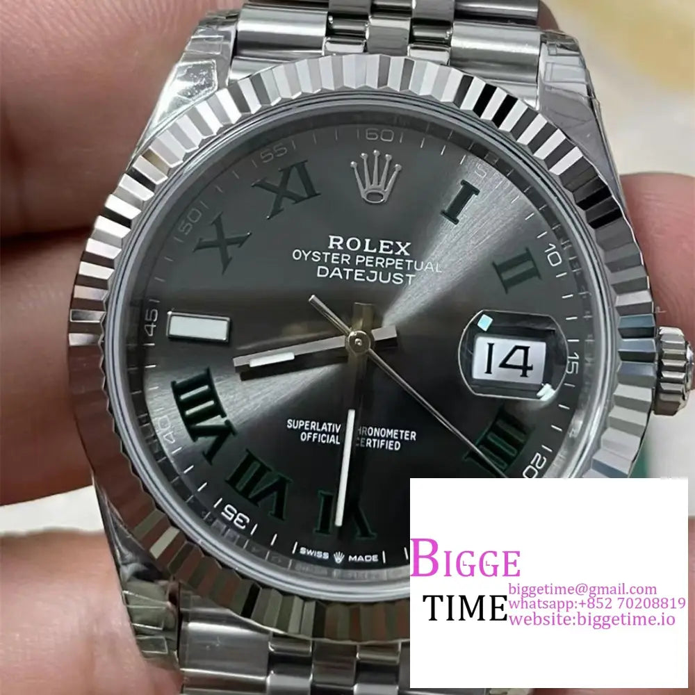 Datejust 41Mm Wimbledon Fluted Bezel Grey Dial Green Roma Marker Jubilee Bracelet Vsf Vs3235