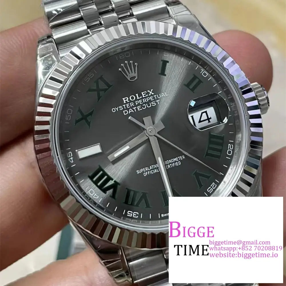 Datejust 41Mm Wimbledon Fluted Bezel Grey Dial Green Roma Marker Jubilee Bracelet Vsf Vs3235 Rolex