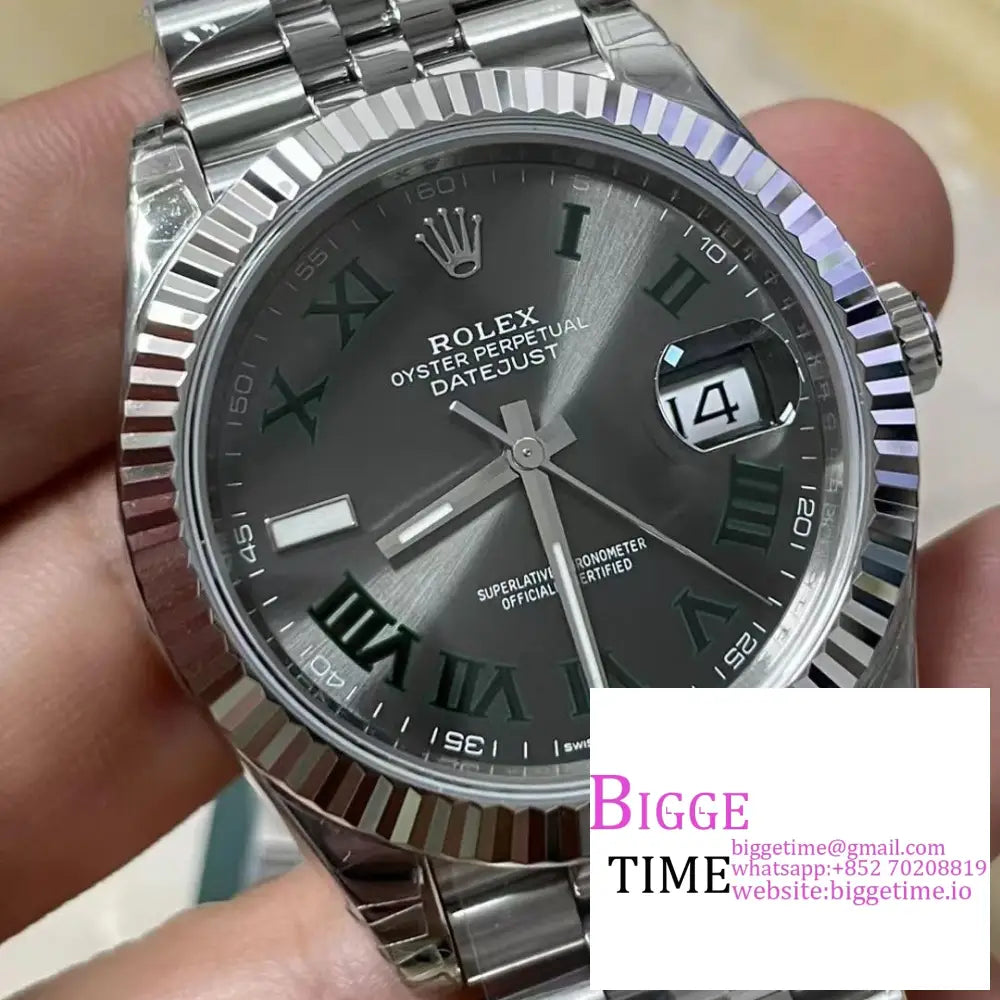 Datejust 41Mm Wimbledon Fluted Bezel Grey Dial Green Roma Marker Jubilee Bracelet Vsf Vs3235 Rolex