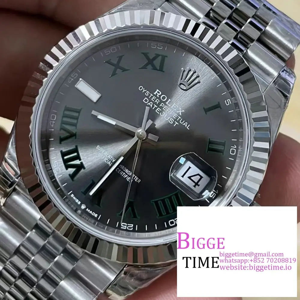 Datejust 41Mm Wimbledon Fluted Bezel Grey Dial Green Roma Marker Jubilee Bracelet Vsf Vs3235 Rolex