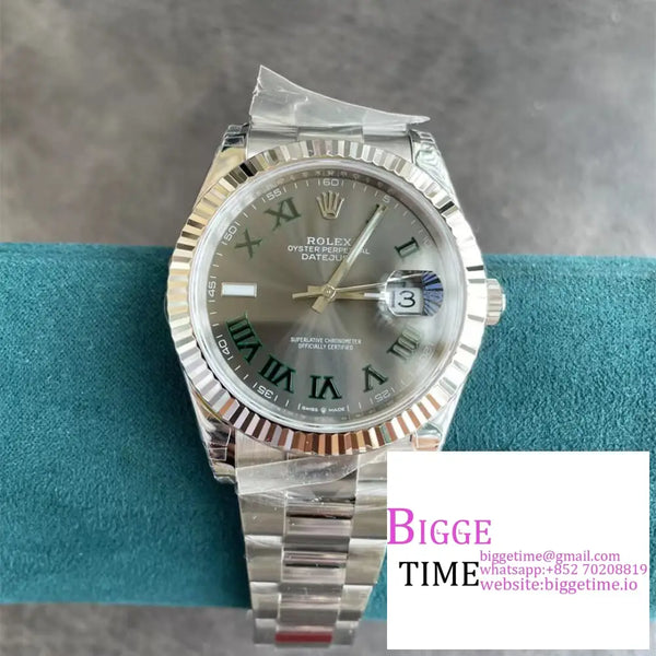 Datejust 41Mm Wimbledon Fluted Bezel Grey Dial Green Roma Marker Oyster Bracelet Vsf Vs3235 Option1