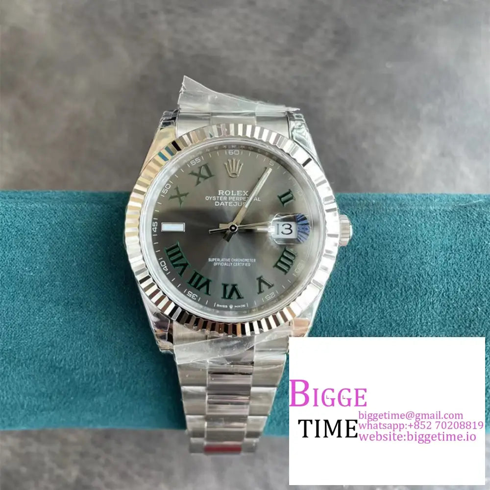 Datejust 41Mm Wimbledon Fluted Bezel Grey Dial Green Roma Marker Oyster Bracelet Vsf Vs3235 Rolex