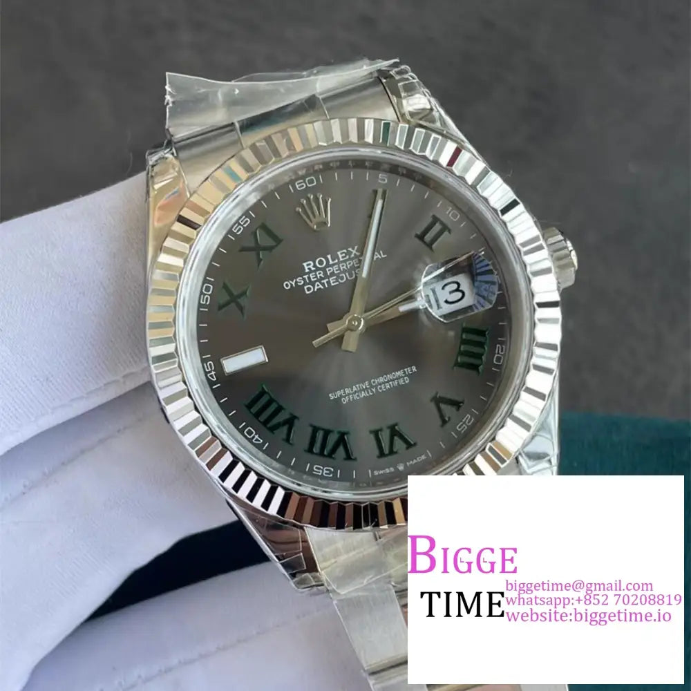 Datejust 41Mm Wimbledon Fluted Bezel Grey Dial Green Roma Marker Oyster Bracelet Vsf Vs3235 Rolex