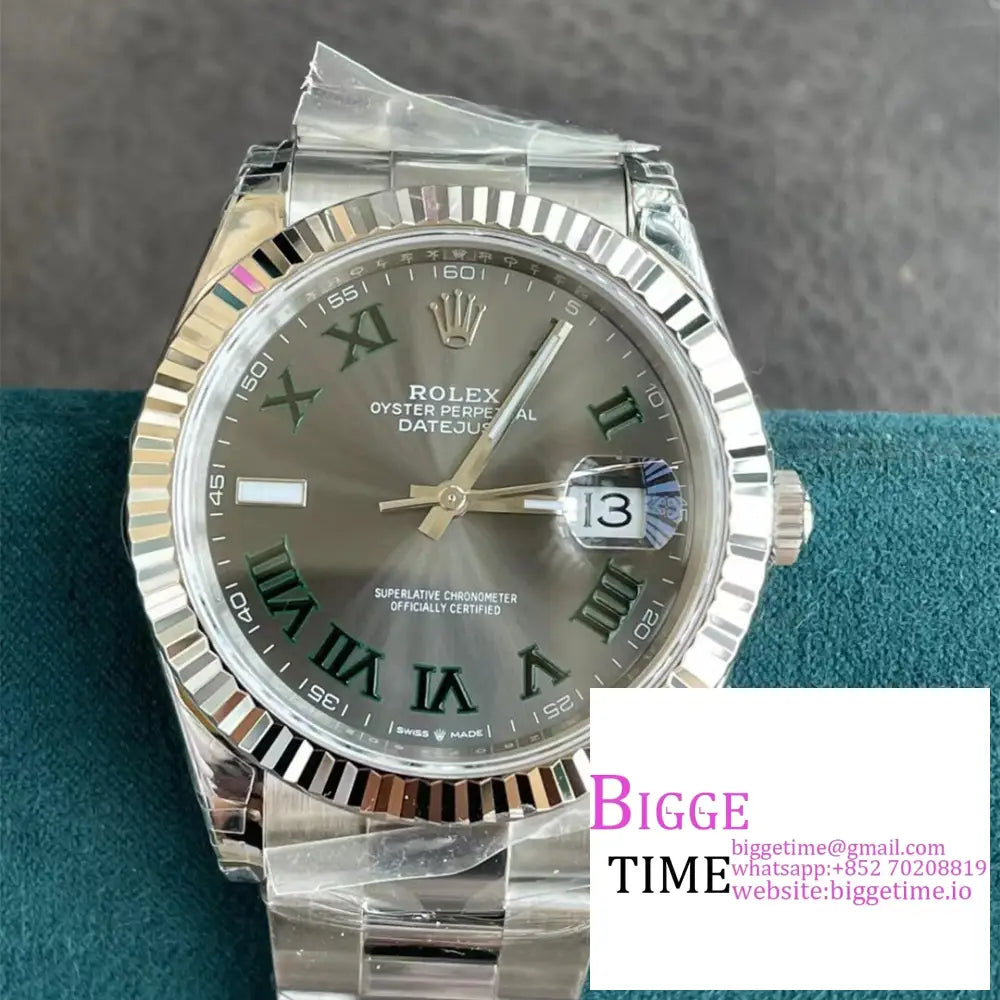 Datejust 41Mm Wimbledon Fluted Bezel Grey Dial Green Roma Marker Oyster Bracelet Vsf Vs3235 Rolex