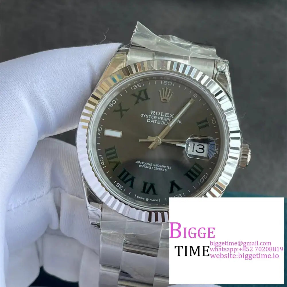 Datejust 41Mm Wimbledon Fluted Bezel Grey Dial Green Roma Marker Oyster Bracelet Vsf Vs3235 Rolex