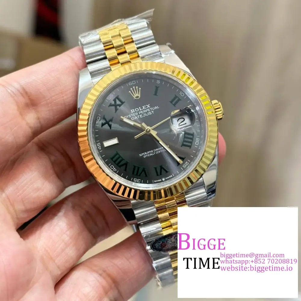 Datejust 41Mm Wimbledon Fluted Bezel Grey Dial Green Roma Marker Yg/Ss Jubilee Bracelet Clean