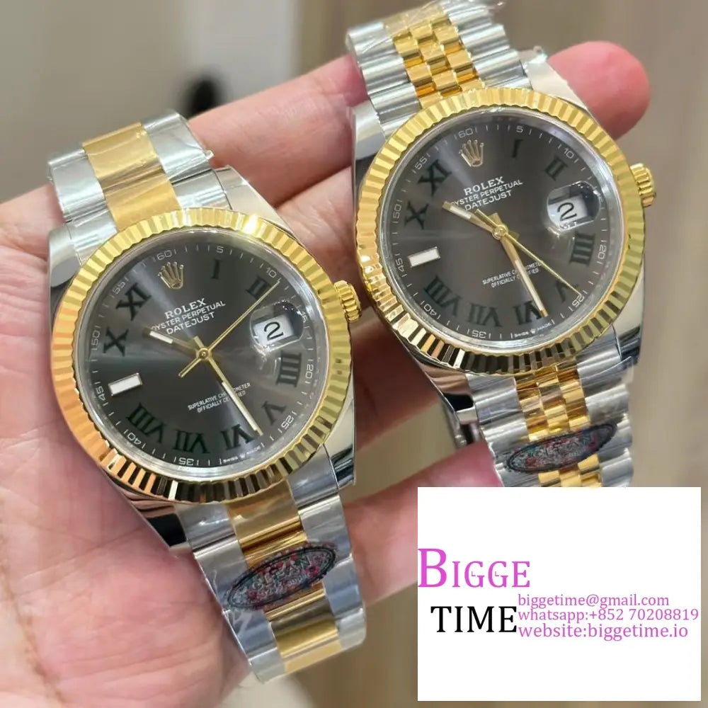 Datejust 41Mm Wimbledon Fluted Bezel Grey Dial Green Roma Marker Yg/Ss Jubilee Bracelet Clean