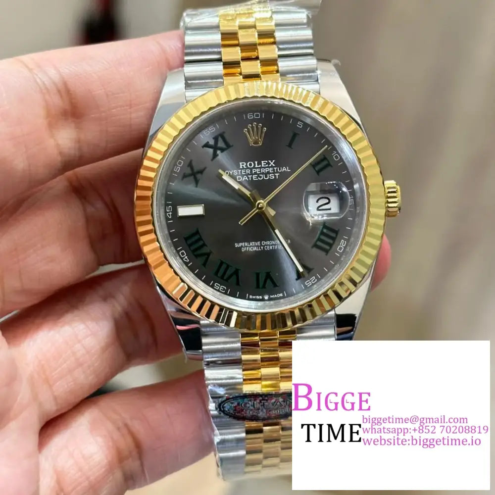 Datejust 41Mm Wimbledon Fluted Bezel Grey Dial Green Roma Marker Yg/Ss Jubilee Bracelet Clean