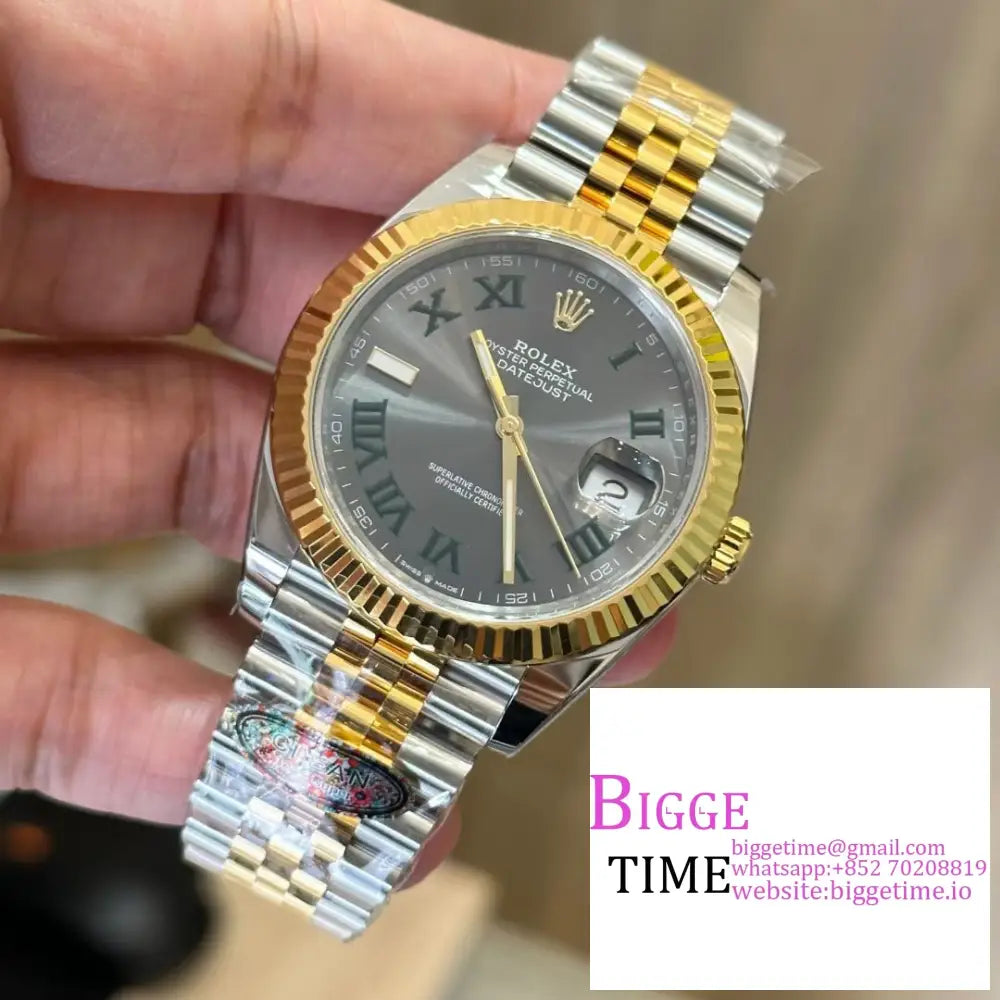 Datejust 41Mm Wimbledon Fluted Bezel Grey Dial Green Roma Marker Yg/Ss Jubilee Bracelet Clean