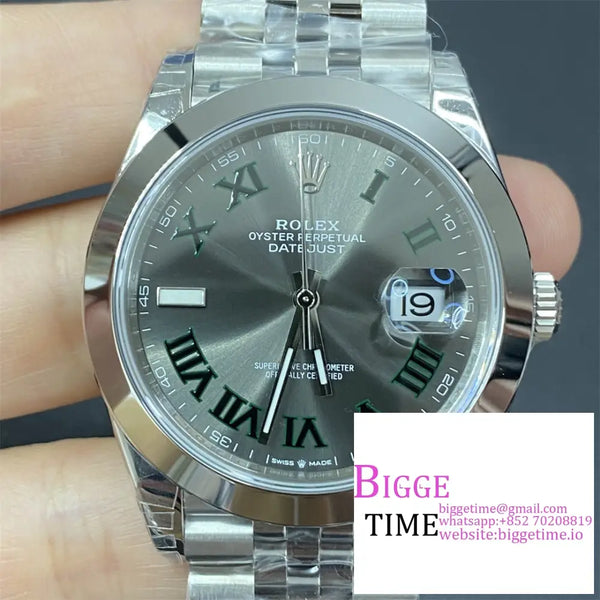 Datejust 41Mm Wimbledon Smooth Bezel Grey Dial Green Roma Marker Jubilee Bracelet Vsf Vs3235