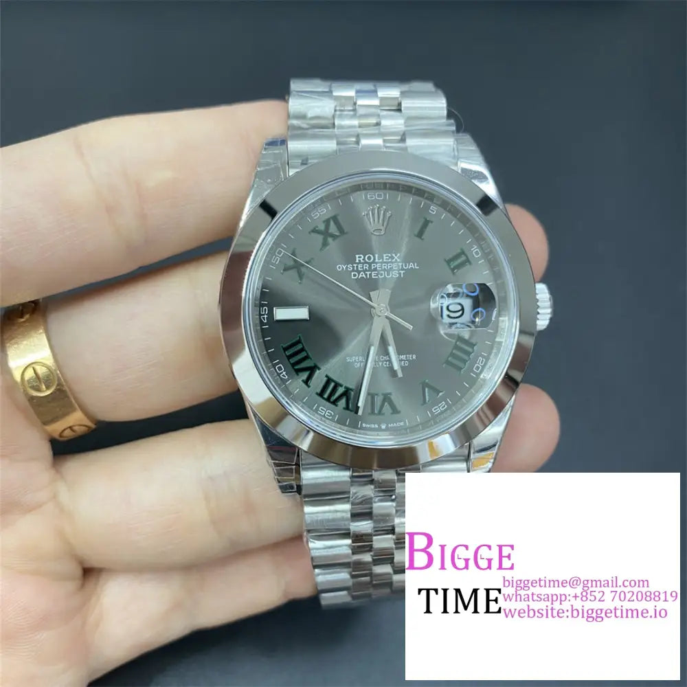 Datejust 41Mm Wimbledon Smooth Bezel Grey Dial Green Roma Marker Jubilee Bracelet Vsf Vs3235 Rolex