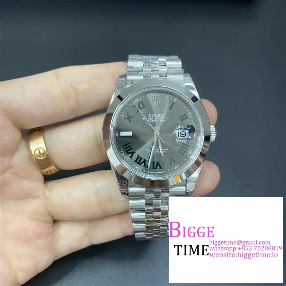 Datejust 41Mm Wimbledon Smooth Bezel Grey Dial Green Roma Marker Jubilee Bracelet Vsf Vs3235 Rolex