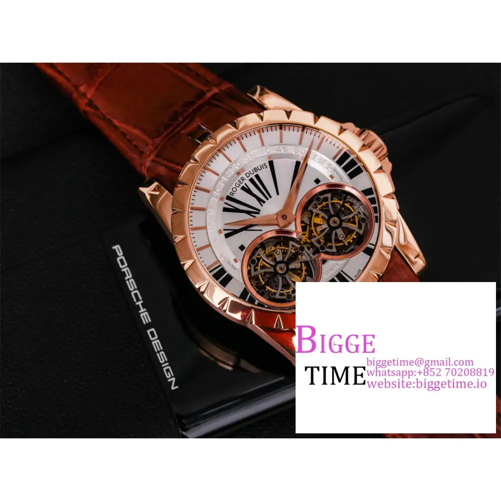 Excalibur Double Tourbillon 45M Rg White Dial Brown Leather Strap Jbf Tourb Roger Dubuis