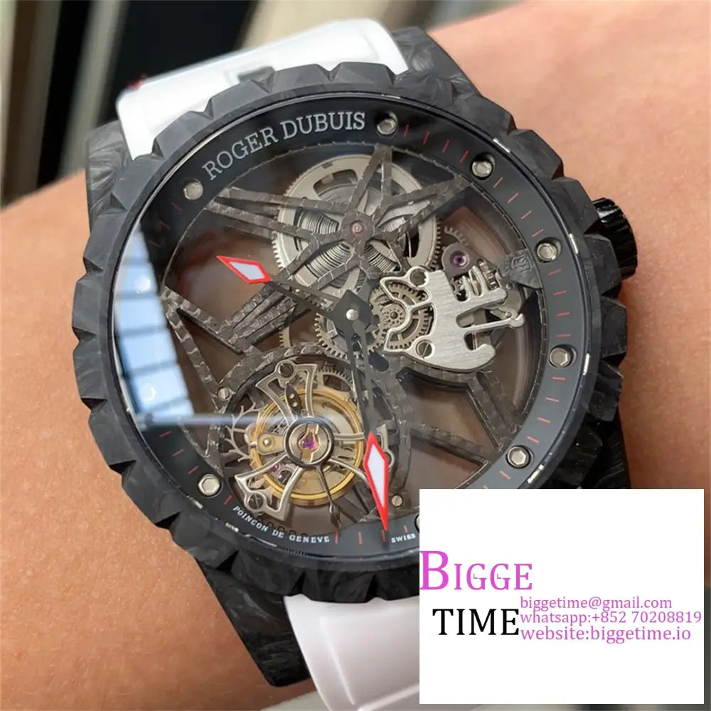 Excalibur Tourbillon 45M Carbon Openwork Red Hand White Rubber Strap Bbrf Tourb Option1 Roger Dubuis