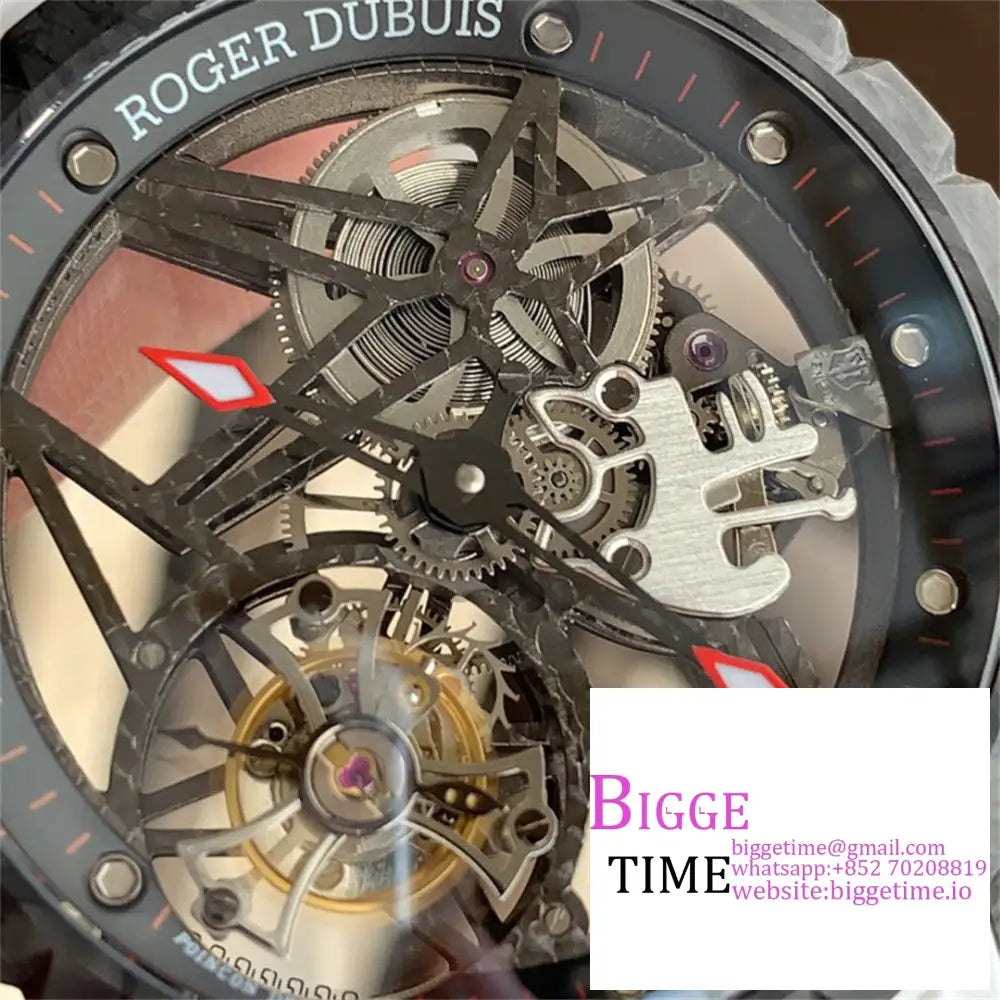 Excalibur Tourbillon 45M Carbon Openwork Red Hand White Rubber Strap Bbrf Tourb Roger Dubuis