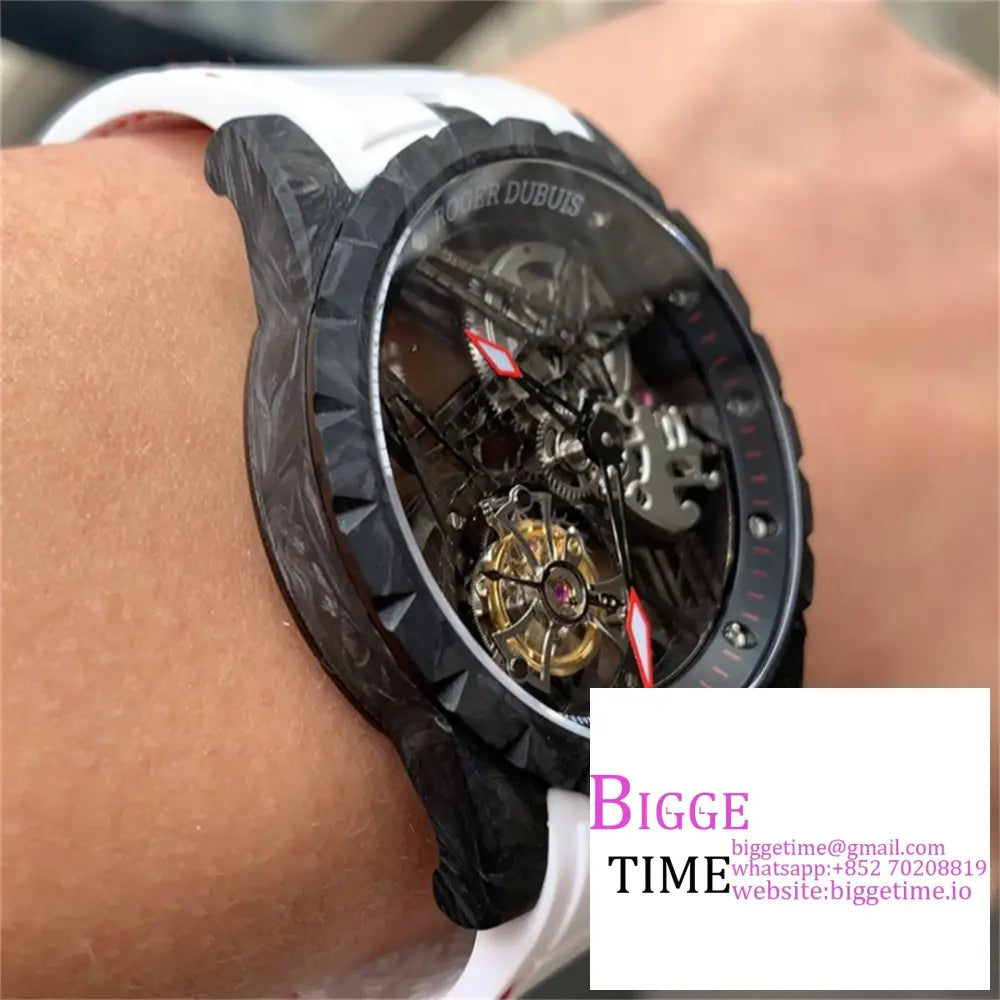 Excalibur Tourbillon 45M Carbon Openwork Red Hand White Rubber Strap Bbrf Tourb Roger Dubuis