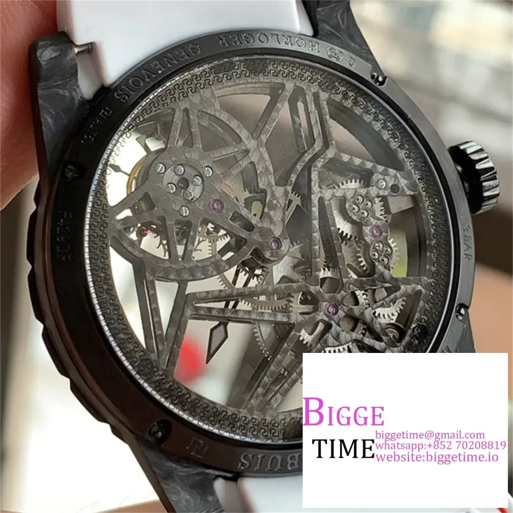 Excalibur Tourbillon 45M Carbon Openwork Red Hand White Rubber Strap Bbrf Tourb Roger Dubuis