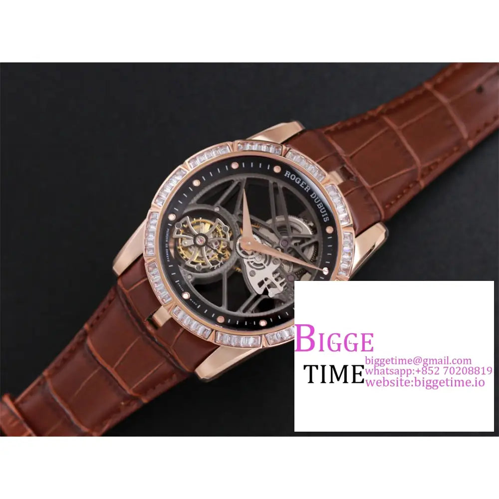 Excalibur Tourbillon 45M Rg Diamond Bezel Black Openwork Brown Leather Strap Jbf Tourb Roger Dubuis