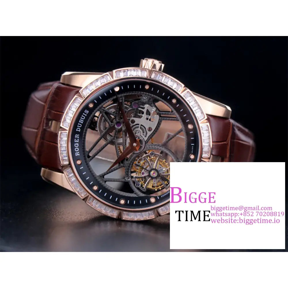 Excalibur Tourbillon 45M Rg Diamond Bezel Black Openwork Brown Leather Strap Jbf Tourb Roger Dubuis