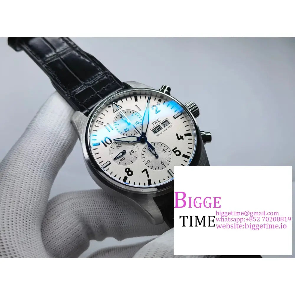 Iwc Pilot Chrono 43Mm Iw377725 White Dial Black Leather Strap Zf A7750 Iwc