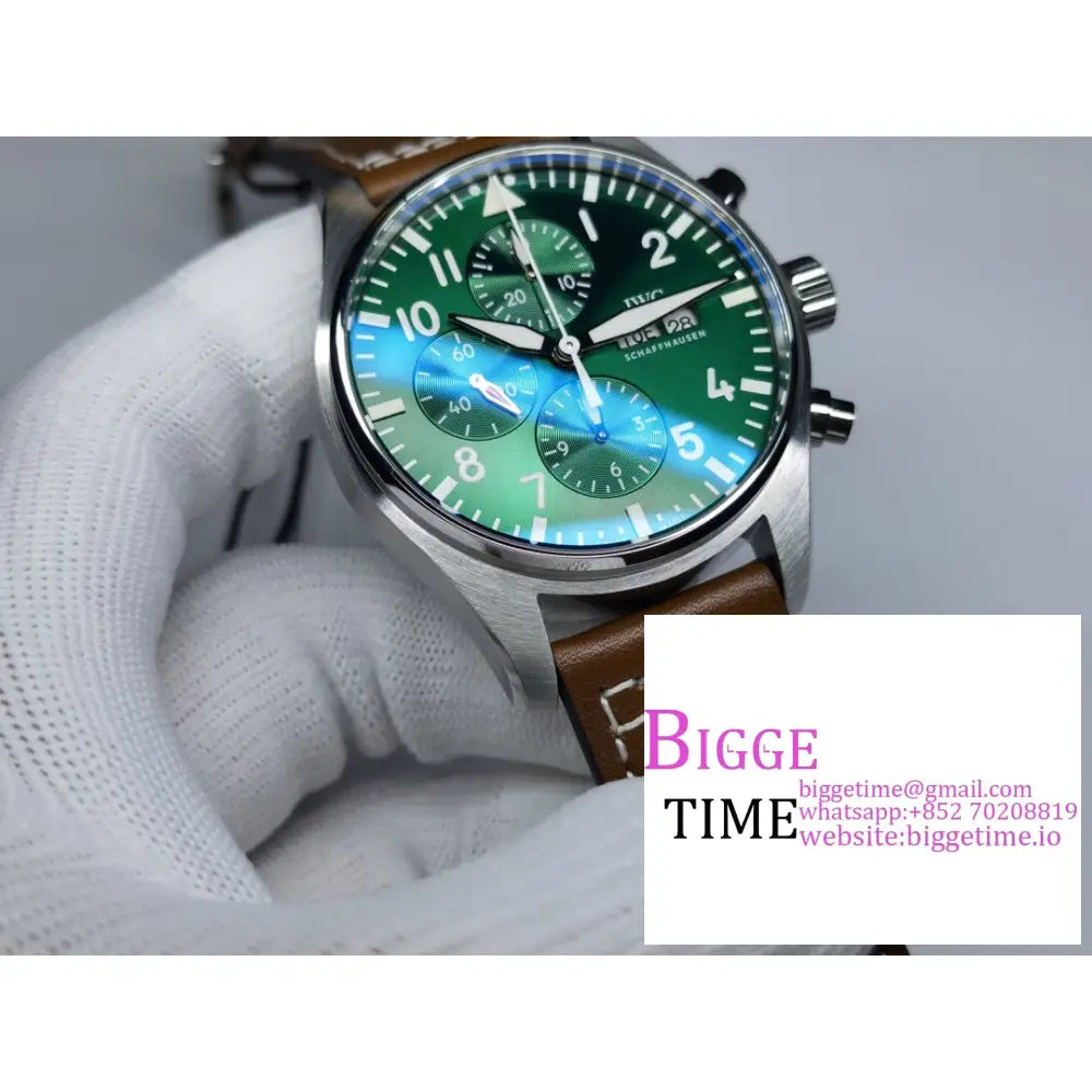 Iwc Pilot Chrono 43Mm Iw377726 Green Dial Brown Leather Strap Zf A7750 Iwc