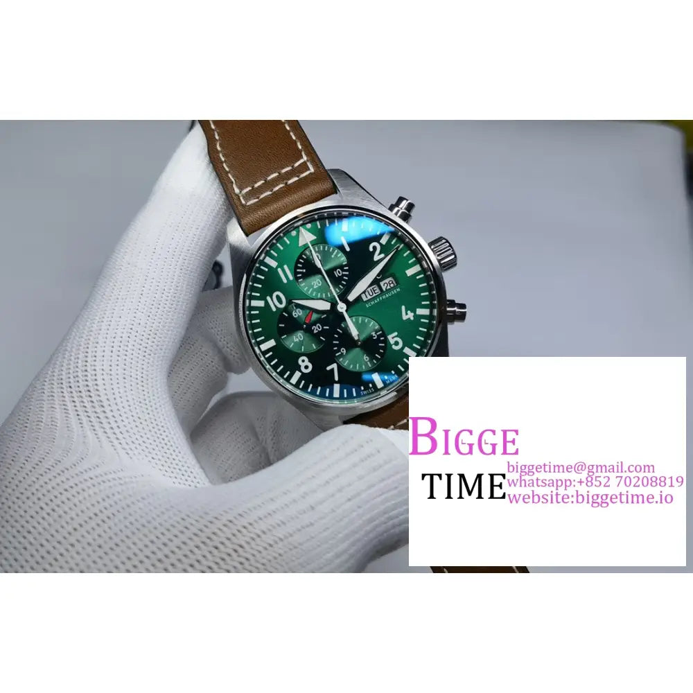 Iwc Pilot Chrono 43Mm Iw377726 Green Dial Brown Leather Strap Zf A7750 Iwc