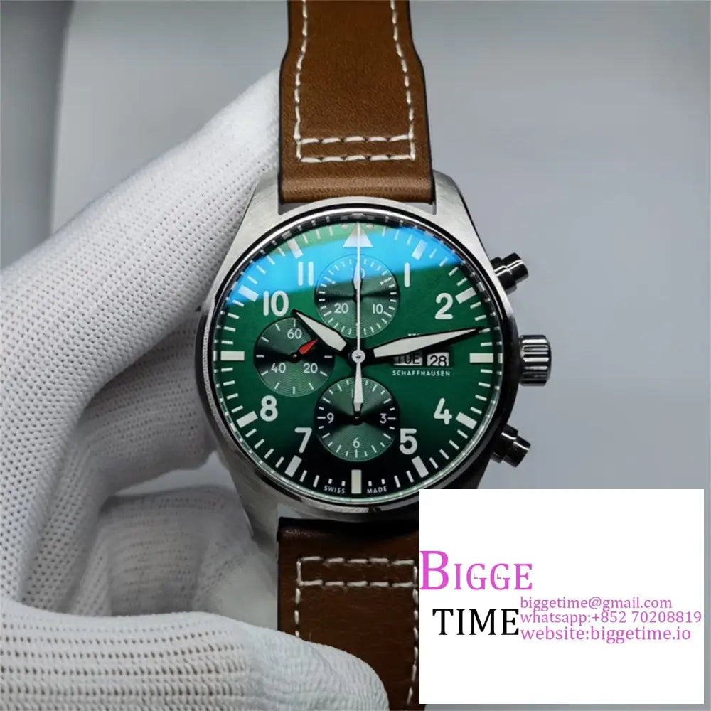 Iwc Pilot Chrono 43Mm Iw377726 Green Dial Brown Leather Strap Zf A7750 Option1 Iwc