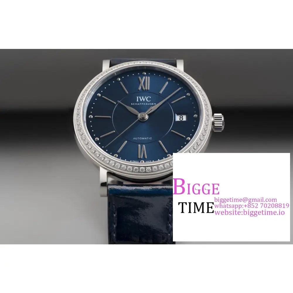 Iwc Portofino 37Mm Ladies Diamond Bezel Blue Dial Leather Strap V7F A2892 Iwc