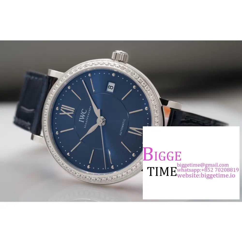 Iwc Portofino 37Mm Ladies Diamond Bezel Blue Dial Leather Strap V7F A2892 Iwc