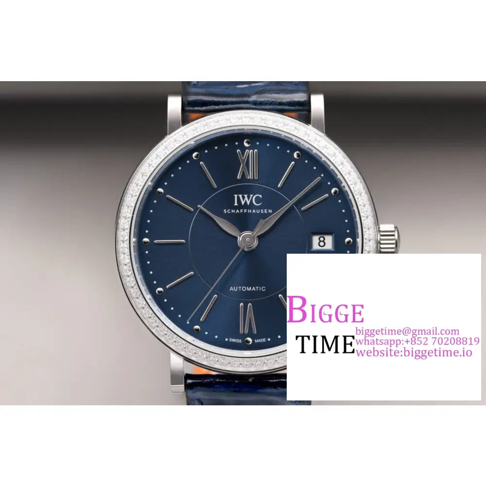 Iwc Portofino 37Mm Ladies Diamond Bezel Blue Dial Leather Strap V7F A2892 Iwc