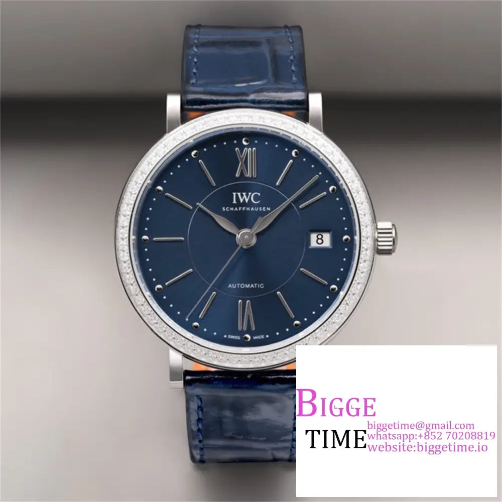 Iwc Portofino 37Mm Ladies Diamond Bezel Blue Dial Leather Strap V7F A2892 Option1 Iwc