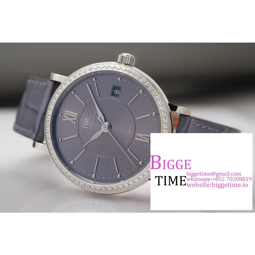 Iwc Portofino 37Mm Ladies Diamond Bezel Grey Dial Leather Strap V7F A2892 Iwc