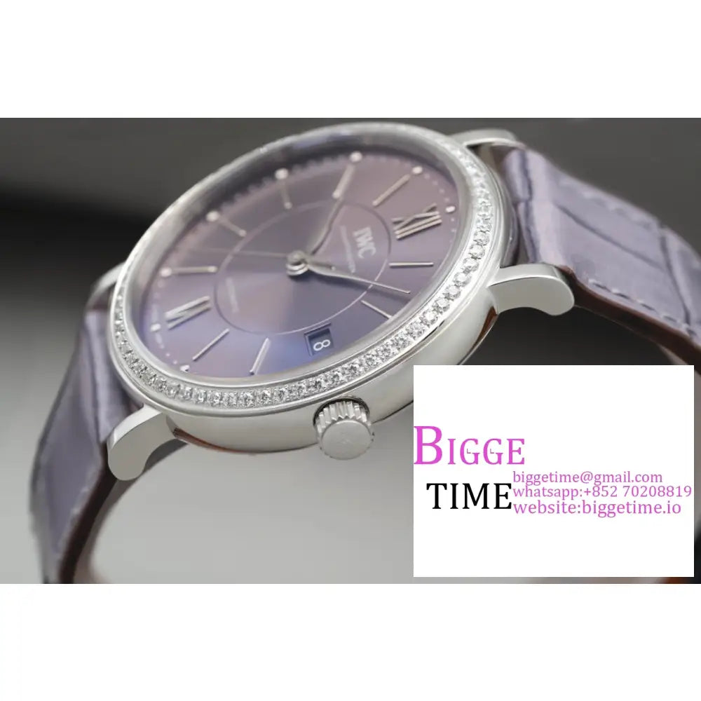 Iwc Portofino 37Mm Ladies Diamond Bezel Grey Dial Leather Strap V7F A2892 Iwc